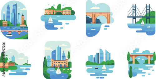 Modern city river vector illustration set, urban bridges, skyline architecture, waterfront scenery, boats, parks, travel city icons