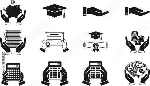 Black vector icon set featuring graduation caps diplomas books and piggy banks for educational finance scholarship planning university savings and academic funding branding design