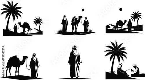 WebSet of black vector silhouettes featuring Arab men in traditional clothing with camels, palm trees, and sand dunes isolated on white background.