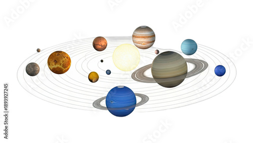 Realistic Planetary System Map with Sun and Planets in Orbit