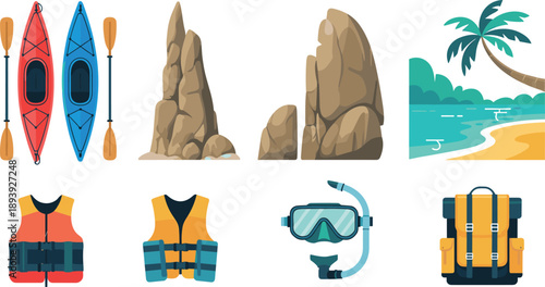 Outdoor adventure vector illustration set, kayaking beach travel equipment icons, summer water sport elements, flat design isolated white background