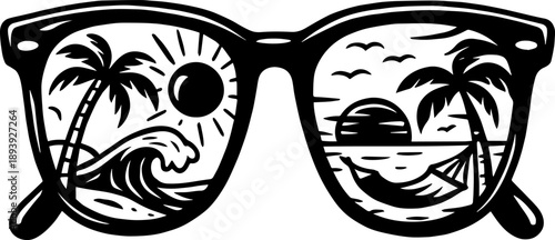 Sunglasses With Tropical Beach Reflection, Palm Trees and Ocean Sunset, Black and White Summer Vector Illustration