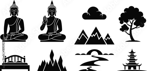 Zen meditation and nature silhouette icon set, Buddha yoga landscape symbols, minimalist spiritual black vector illustration