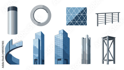 Modern architectural elements collection featuring glass facades and metal structures