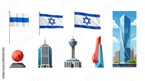 Iconic architecture and flag of israel in modern flat design