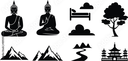 Zen meditation and nature silhouette icon set, Buddha yoga landscape symbols, minimalist spiritual black vector design