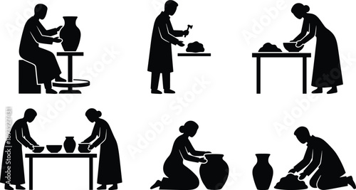 WebSet of black vector silhouettes featuring male and female potters working with clay on wheels and tables isolated on a white background.