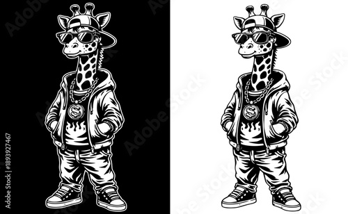 Cool Giraffe in Streetwear Outfit With Sunglasses and Chain, Black and White Urban Hip Hop Animal Character Illustration
