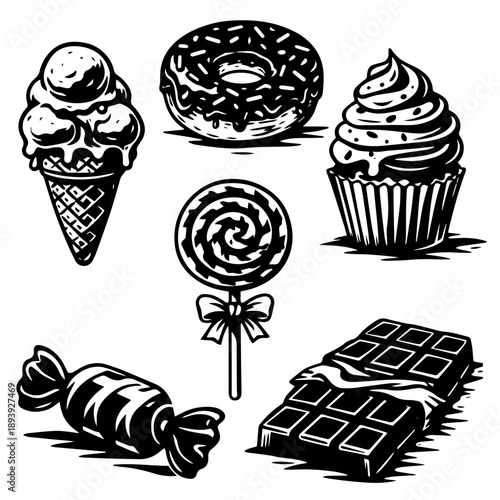 Sweet Desserts Icons Set With Ice Cream Donut Cupcake Candy Chocolate and Lollipop, Black and White Vector Illustration for Prints and Crafts