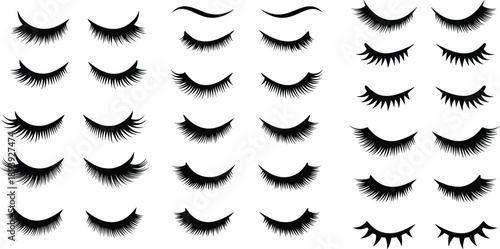 Set of hand drawn eyelashes vector icons, black lash extensions in various styles for beauty salon branding, isolated makeup graphic design elements.