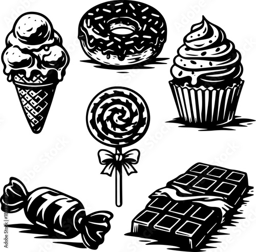 Sweet Desserts Icons Set With Ice Cream Donut Cupcake Candy Chocolate and Lollipop, Black and White Vector Illustration for Prints and Crafts