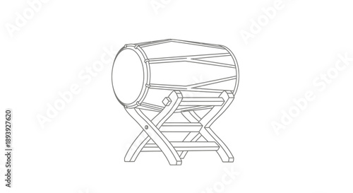 An illustration of a wooden barrel on a stand viewed from the side in an industrial setting