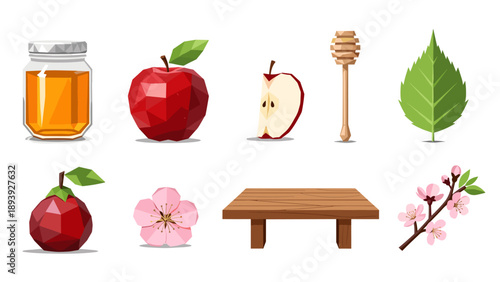 Geometric rosh hashanah elements with apples and honey in polygonal style