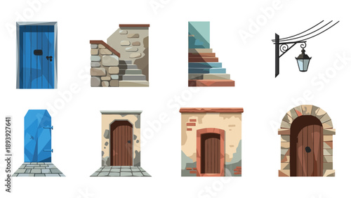 Charming doorways and staircases with lantern in cartoon style
