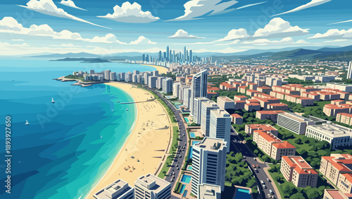 Coastal cityscape with modern buildings and beachfront in vibrant flat style