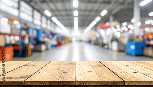 Empty wooden table in a blurred warehouse background with forklifts industrial factory