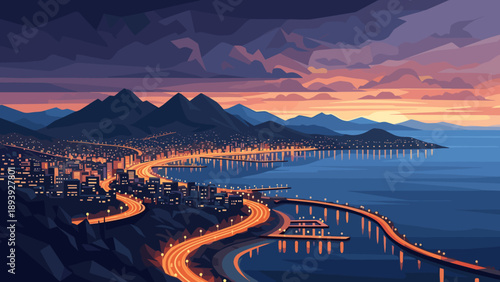 Dusk over scenic mountainous coastline with winding highway and city lights