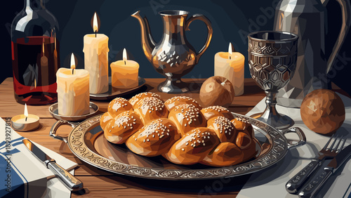 Elegant candlelit dinner scene with freshly baked challah and silverware on wooden table