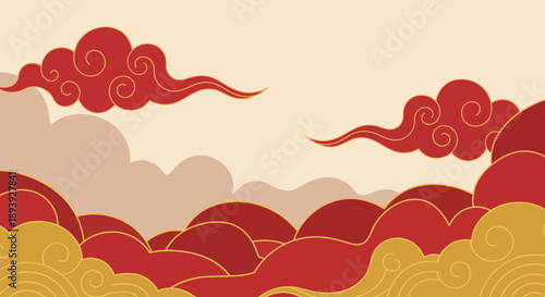 Vibrant red and yellow clouds float serenely across the sky in an illustrated landscape scene.