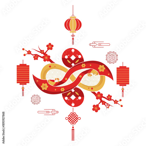 Celebratory lanterns and flowers arranged in a festive pattern for a cultural event