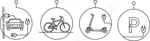 Electric mobility charging icons vector set for modern transportation concepts