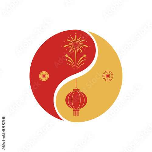 Celebratory illustration of Chinese lantern and fireworks in yin-yang harmony during Lunar New Year festivities