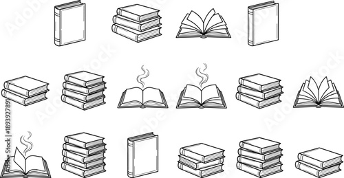 WebVector illustration of books in various styles including open, closed and stacked designs, creative line art concept for reading, literature, education and storytelling projects