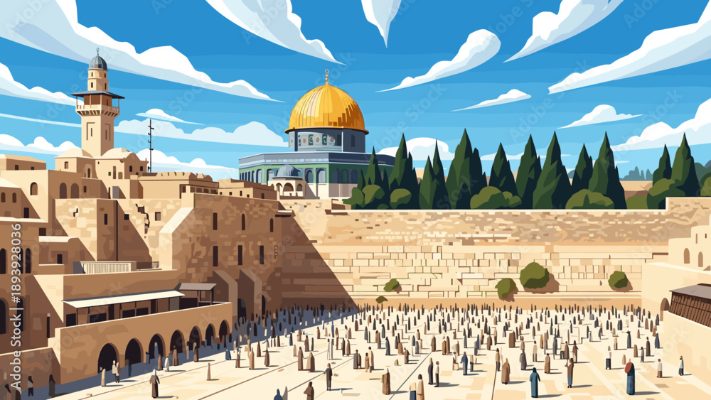 Naklejka premium Iconic jerusalem skyline featuring dome of the rock and western wall