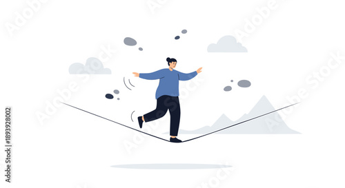 Man balancing on tightrope with thought bubbles symbolizing risk and challenge