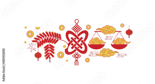 Celebratory Illustration Featuring Scales and Prosperity Symbols in Red and Gold