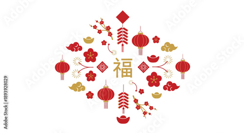 Celebratory arrangement of red lanterns and flowers surrounding a symbol of good fortune in a festive cultural display