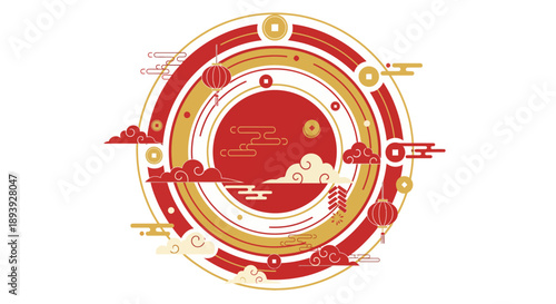 An intricate red and gold circular design featuring symbolic elements and patterns in a traditional style