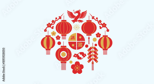 Vibrant red lanterns and flowers arranged in a circular pattern with a bird in flight, symbolizing celebration and joy, viewed from directly above
