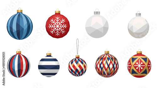 Colorful geometric christmas ornaments set with patterns and designs