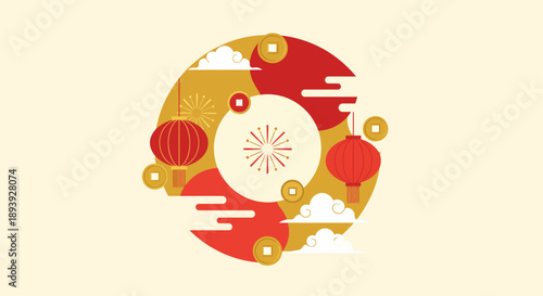 Celebratory lanterns and ornaments in a festive circular arrangement symbolizing cultural heritage and joyous celebration