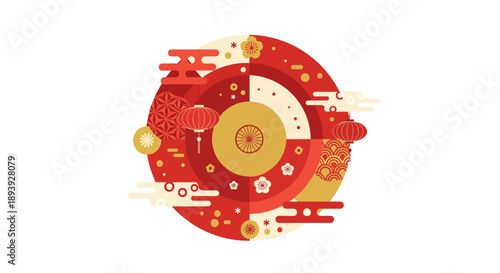 Vibrant cultural celebration illustration featuring traditional elements in a circular composition viewed from directly above