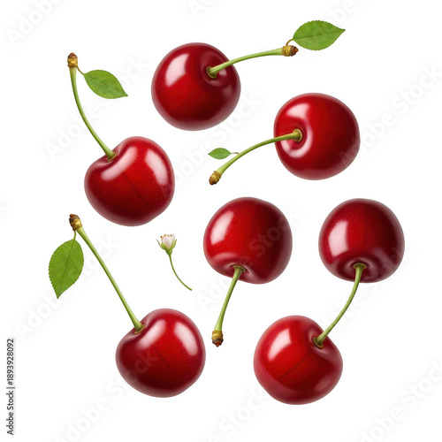 Realistic illustration of fresh ripe cherries with stems and leaves ideal for design projects on transparent background
