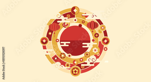 Vibrant circular design featuring traditional symbols and motifs in red and gold hues, representing cultural heritage and festive celebrations