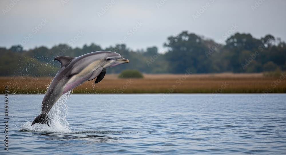 Obraz premium Dolphin jumping out of the water in a serene lake environment