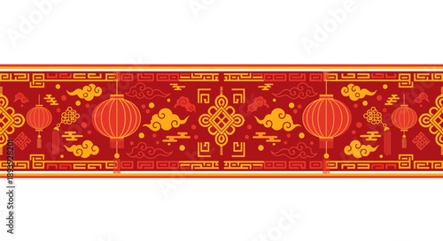 Traditional Chinese New Year celebration decoration with lanterns, flowers, and symbolic patterns in a vibrant red and gold color scheme