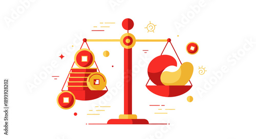 A vibrant illustration of a scale balancing money and a piggy bank surrounded by financial symbols and icons