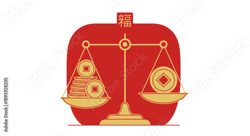 A golden scale balancing coins and a medal on a red background, viewed from the front