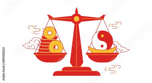 A symbolic illustration of balance and harmony with yin yang and coins on a scale