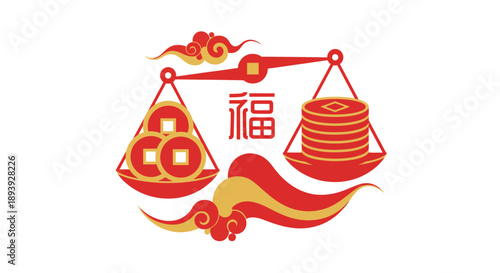 Illustration of scales balancing fortune and wealth symbols in a traditional design