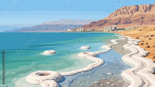 Scenic coastal landscape with mountains and city in geographic art style