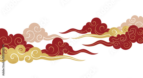 Illustration of red and gold swirling clouds against a white background from a horizontal viewpoint