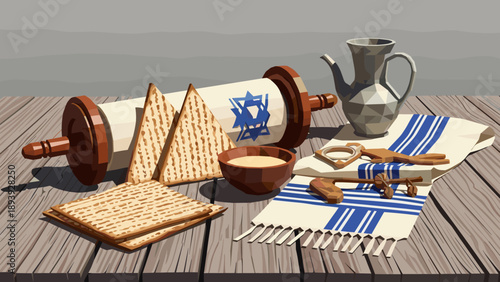 Passover symbols: torah scroll, matzah, and traditional items on wooden table