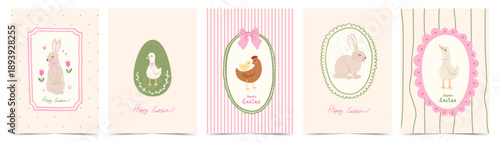 Cute Easter greeting card set with egg, bunny, geese, hens, chicks, flowers, bows and whimsical border frames. Vintage design in trendy doodle hand drawn style
