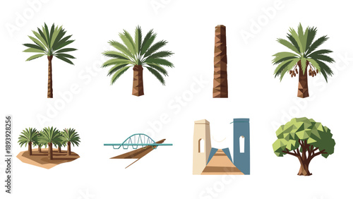 Flat style palm trees and tropical elements collection with architectural bridge and gateway