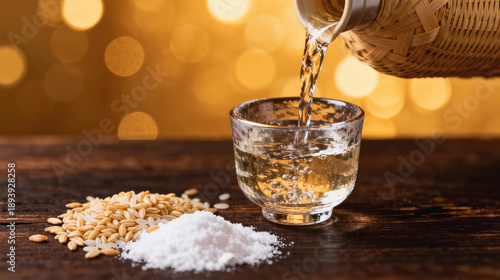 Pouring Rice Wine into Glass with Ingredients
